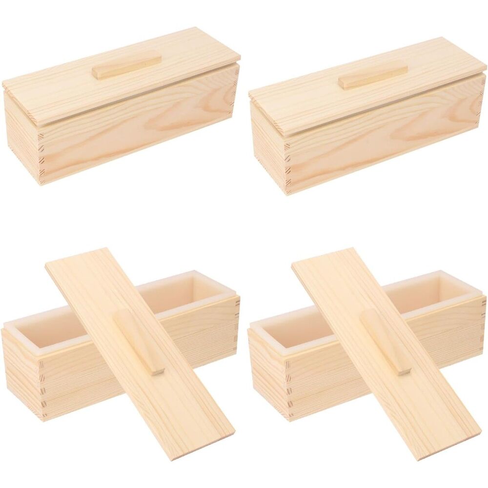 4 PC Wooden soap mold box with a lid, with silicone liner-  NWT